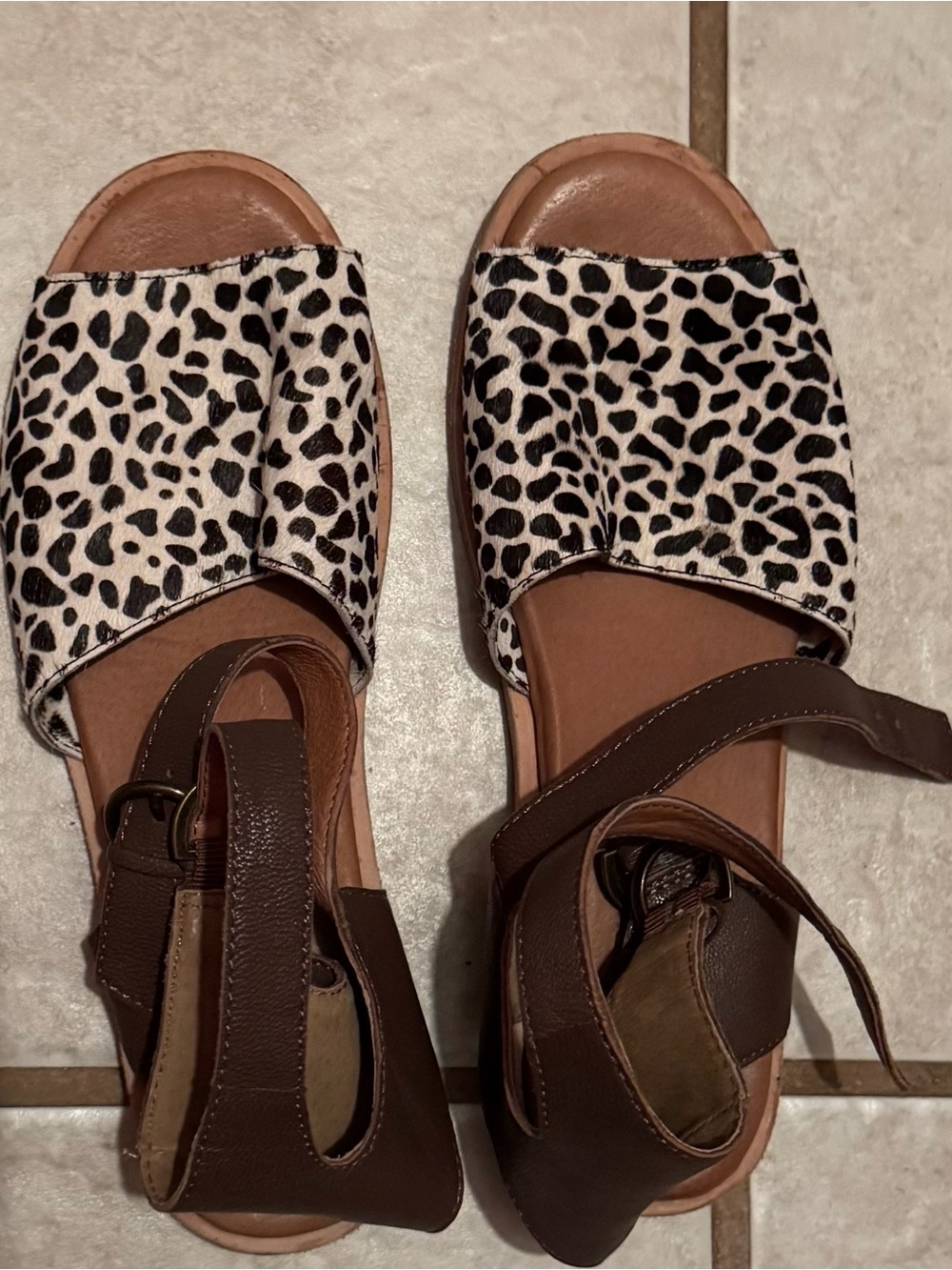 Women’s Brown Ankle-Strap Sandals with Black & White Animal Print